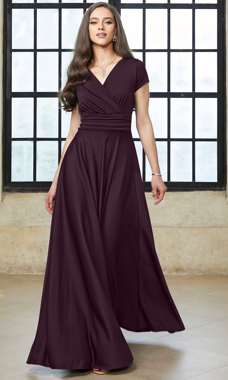 KOH KOH Plus Size Womenâ€™s Long Cap Short Sleeve Flowy Cocktail Semi Formal Prom Gala Black Tie Bridesmaid Wedding Guest Work Dressy Tall Gown Gowns Maxi Dress Dresses, Sangria Wine XL 14-16 - Image 2